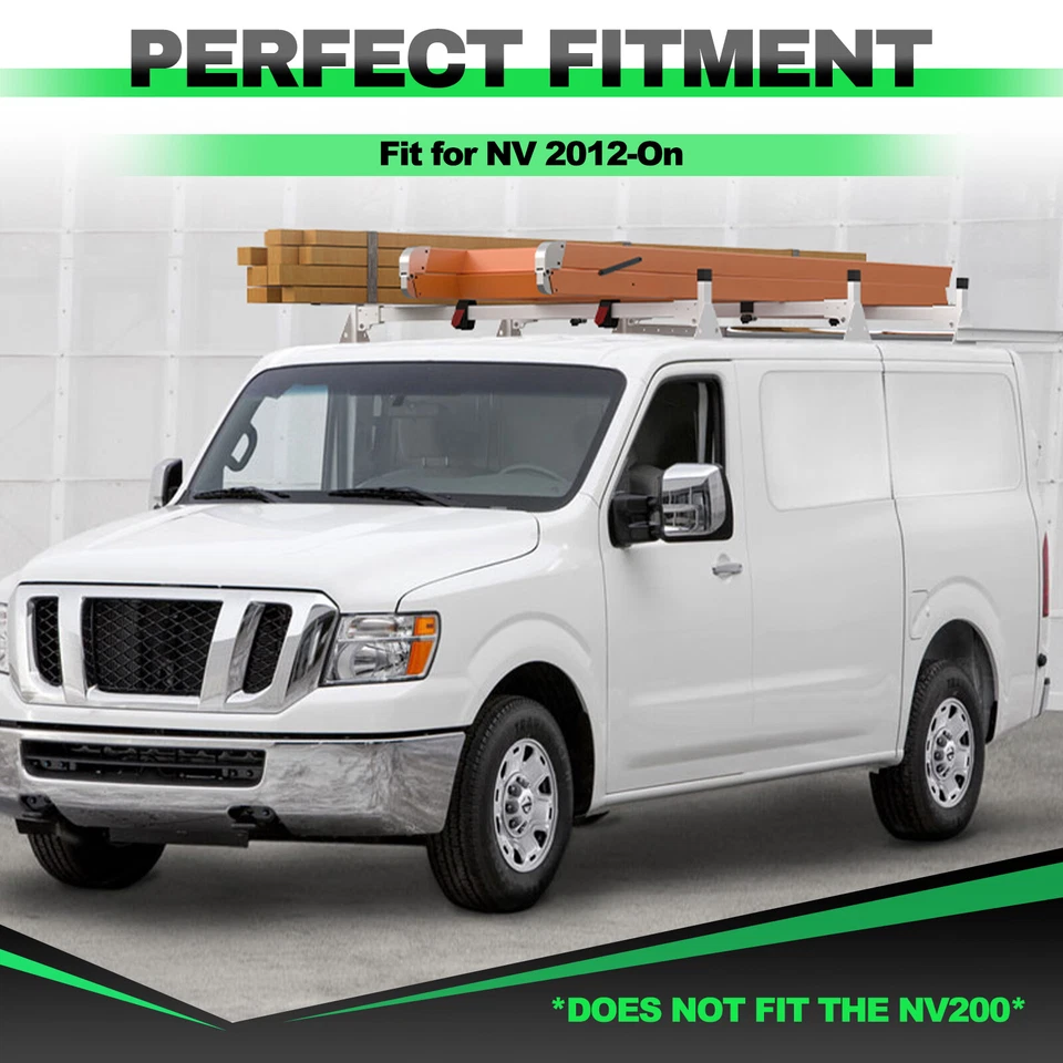 Baca de techo con escalera de acero de 3 barras con rodillo para techo bajo Nissan NV 2012-ON aluminio  Foto 2 de 4