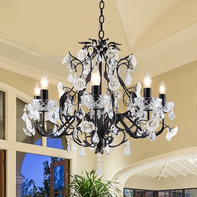 Classic Vintage Chandeliers Black Flower Crystal Ceiling Light Living Room Hotel