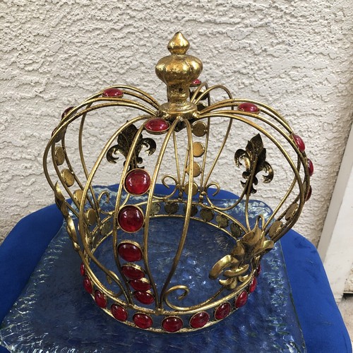 Gold Crown Fleur de Lis Ruby Red Jeweled Crown Festive Decorative Metal Wearable - Picture 10 of 14