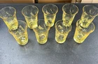 Set Of 9 Yellow Depression Glass Juice highballs 3 3/4” tall W Etched Flowers