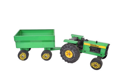 Green Tonka Tractor with Trailer Vintage Metal Toy