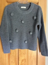 Elodie Charcoal Grey Sweater with Pom Pom Accents Size M