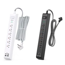 10 ft Surge Protector Power Strip + 5 ft Extension Cord with 6 Outlets 4 USB ...