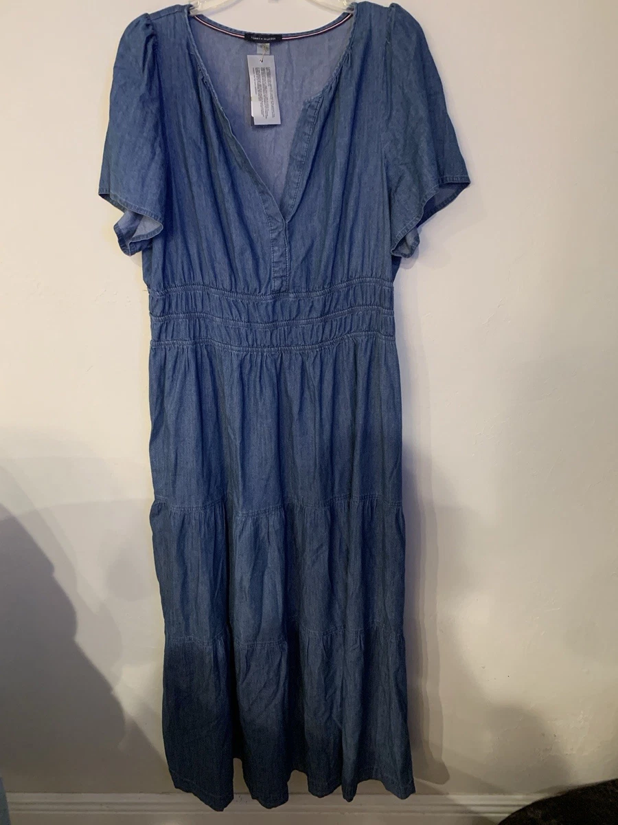 tommy hilfiger women's tiered split neck short sleeve dress Tommy Hilfiger Women's Dress Pocket Shift,Sky Captain,2 at Amazon Women's Clothing store