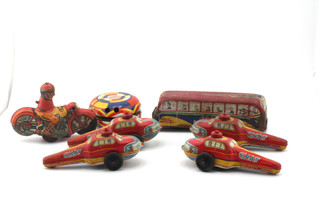 Vintage Tinplate Toy Job Lot G NAT Aeroplanes Motorcycle Bus Colourful Toys