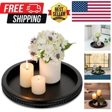 Decorative Serving Tray Wood: Black Bead Round Tray for Coffee Table Rustic W...