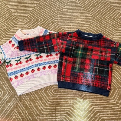 Old Navy Toddler Sweater Bundle 12-18M Cherry Plaid Cozy Knit