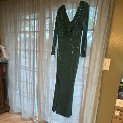 Women's Green Sequin V-Neck Long Sleeve Maxi Dress, Size L Formal Solid