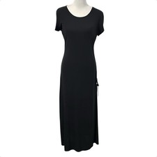 Theory Women Jilaena Ruched Midi Jersey Knit  Short Sleeve Dress Sz Large Black