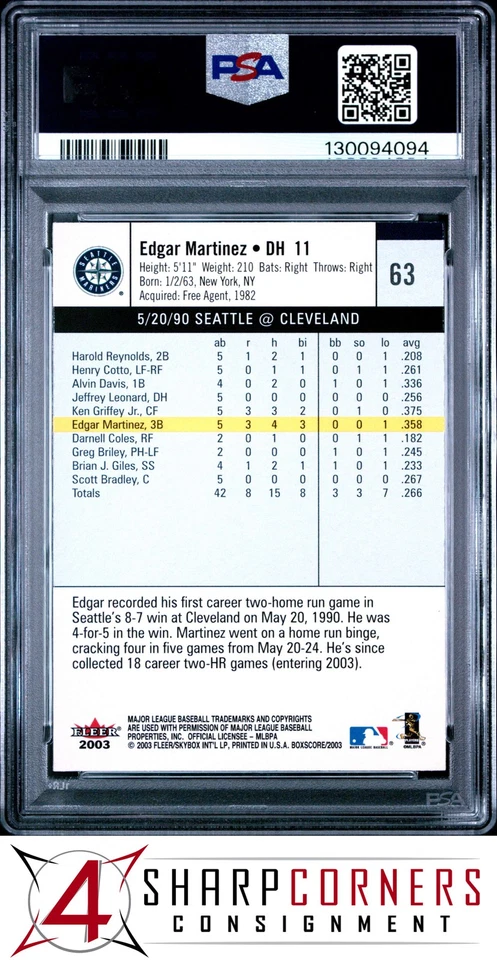 2003 FLEER BOX SCORE #63 EDGAR MARTINEZ HOF POP 1 PSA 10 - Image 2 of 3