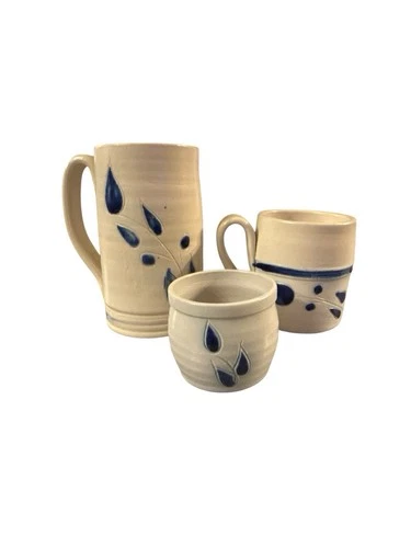 3 Stoneware Mugs Blue Glaze Tulip Flower Design Vintage Cups