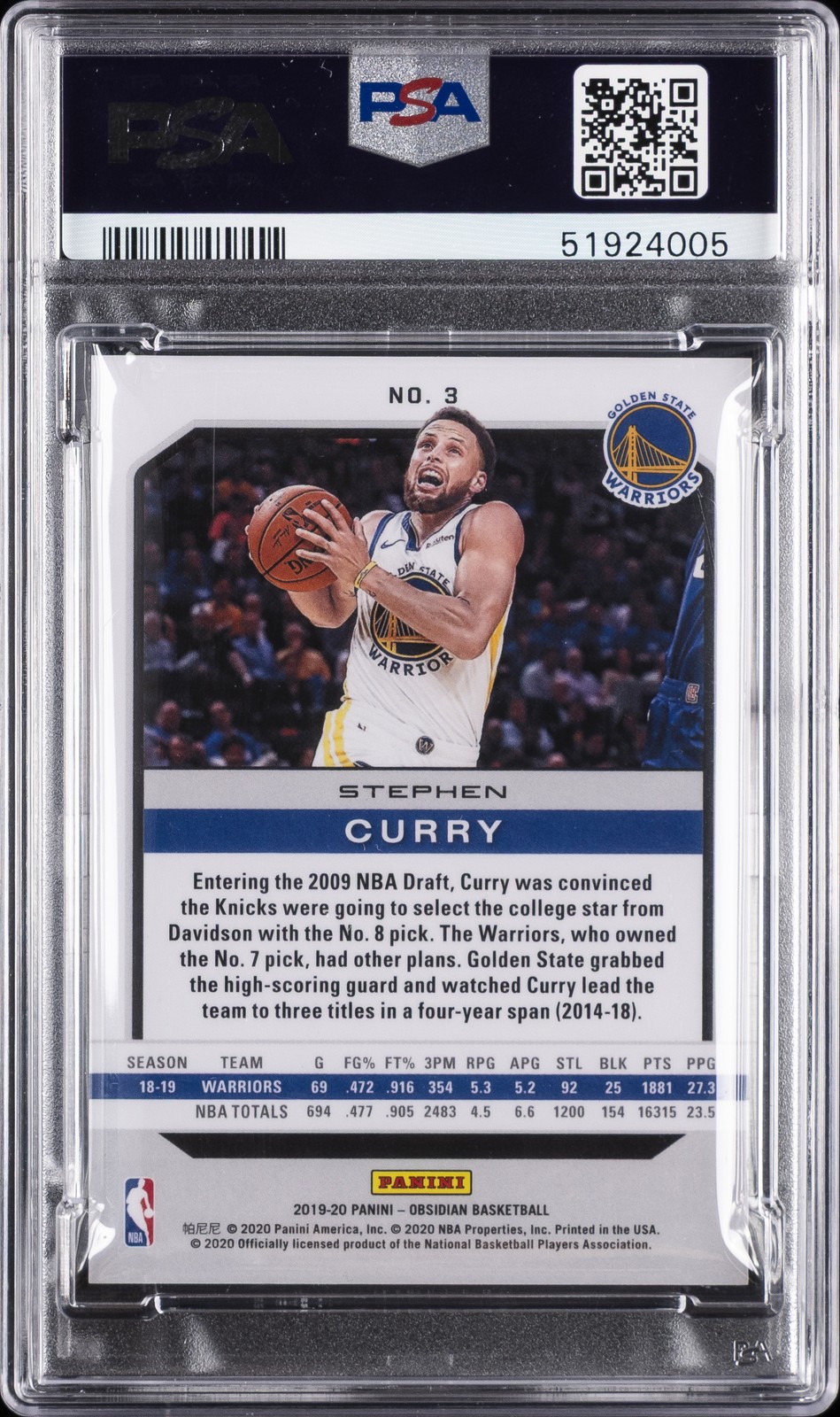 2019 PANINI OBSIDIAN #3 STEPHEN CURRY PSA 10 view 2
