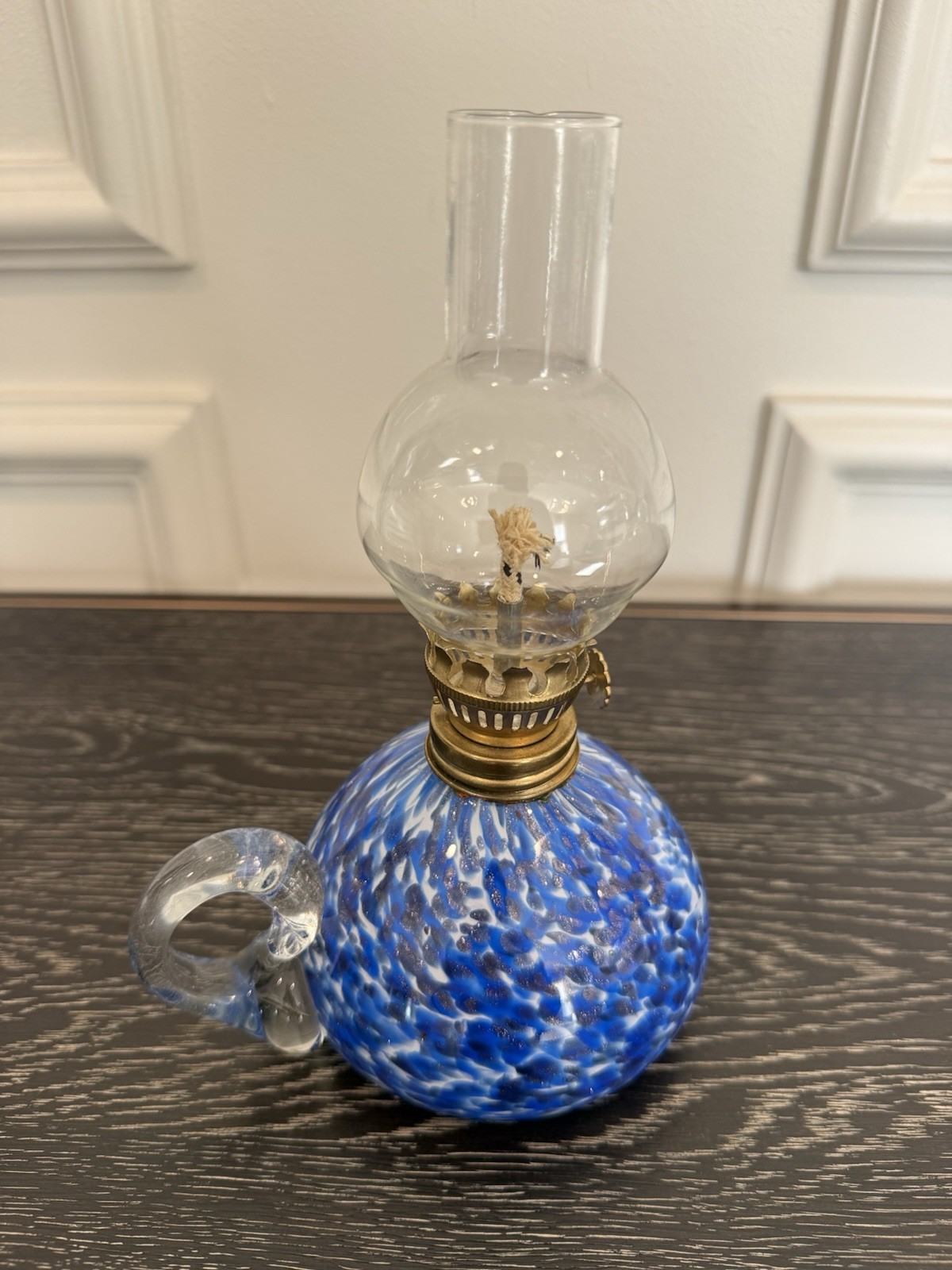 Joe Deanda Hand Blown Glass Iridescent Handled Oil Lamp Cobalt Blue Signed