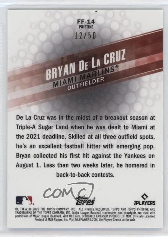 2022 Topps Pristine Fresh Faces Gold Refractor /50 Bryan De La Cruz Rookie RC - Image 2 of 2