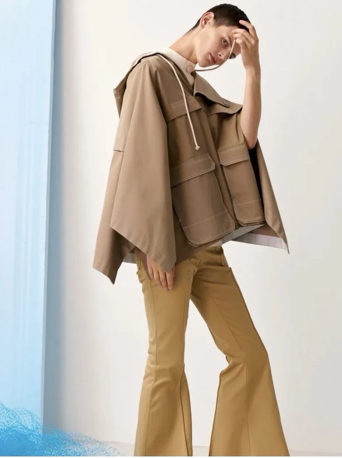 Rare H&M Studio Beige Cotton Poncho Cape Hooded Pullover Jacket Sz 6 C17