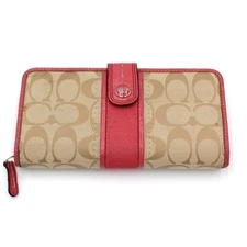 Coach Wallet Y2K Signature Logo Tan Pink Leather Trim Bifold Zip Organizer