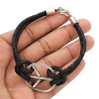 Indian Artisan Jewelry 925 Solid Sterling Silver Cuff Leather Bracelet E13