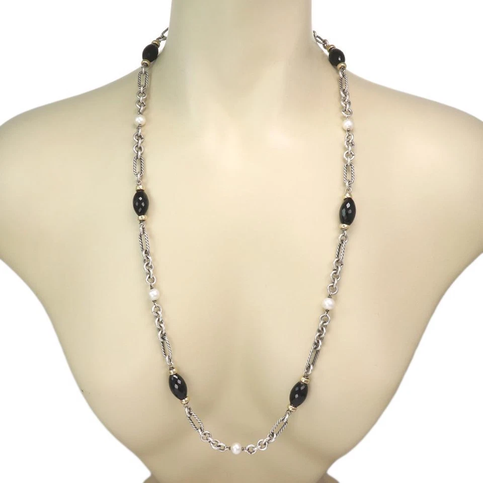 David Yurman Onyx 项链 珍珠 纯银 18k 金 切换扣 36L — 第 2/4 张图片