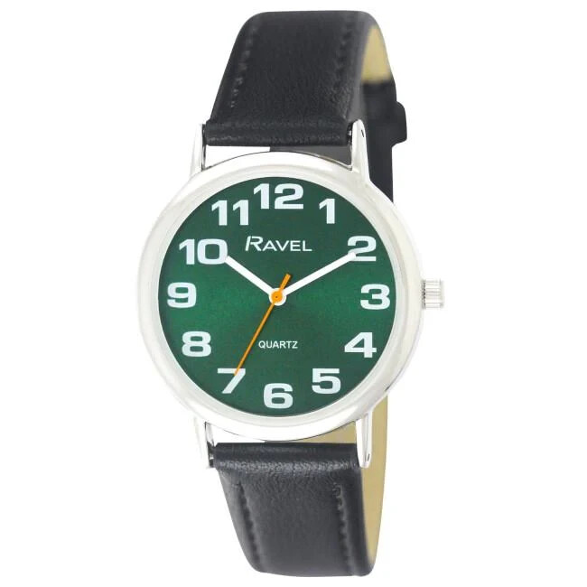 Gents Easy Read Watch , Green Dial & Black Faux Leather Strap by Ravel R0105.48