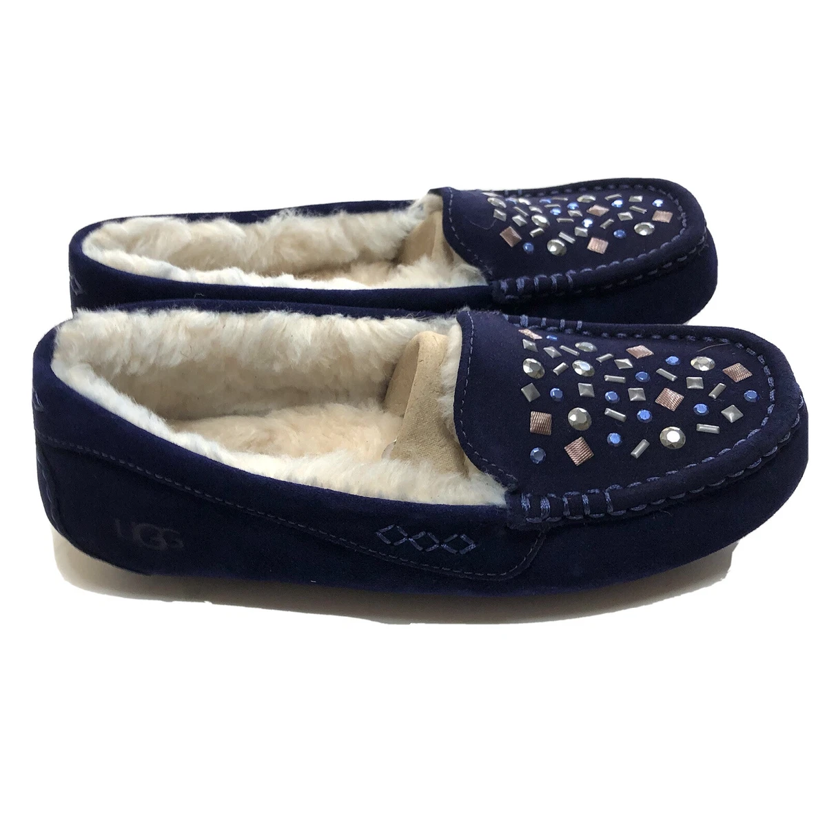 UGG Ansley Stud II Medallion Suede Fur Slippers Moccasin Womens Size 7 New