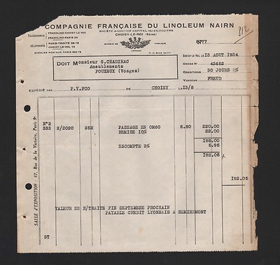 CHOISY-LE-ROI, Rechnung 1934, Compagnie Francaise du Linoleum 