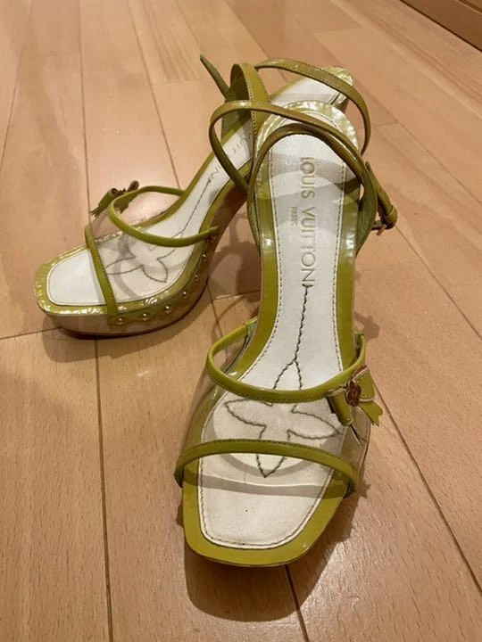 Louis Vuitton sandals pin heel type lace up color green strap