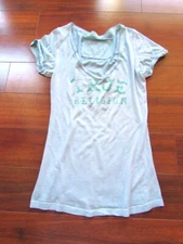 TRUE RELIGION ~ Size M ~ Aqua Blue Shadow Print Cap Sleeve V-Neck T-Shirt a22