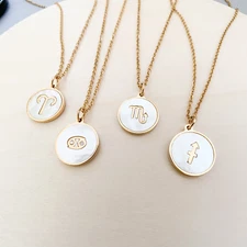 Zodiac Sign Coin Pendant Necklace (Gold, Silver) Rainbow Shell