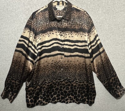 Vintage Bloomingdales Shirt Top Women s Size 16 Silk Leopard Cheetah Blouse