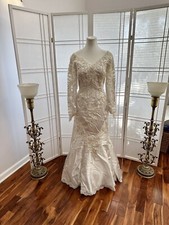 Vintage 90s Hand Embellished Satin Wedding Dress 8 ft train Size 8 Made In USA