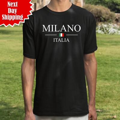 Milano Italia Herren T-Shirt Kurzarm Bedruckt Italienische Flagge Reine Baumwolle Tee Top