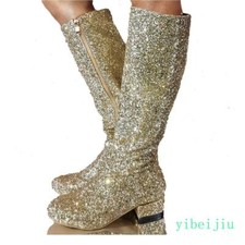 Women's Glitter Knee High Low Heel Mid Calf Boots Long Shoes Bling Bling Lady's