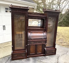 VICTORIAN WALNUT AND BURL CYLINDER DESK WITH BOOKCASE