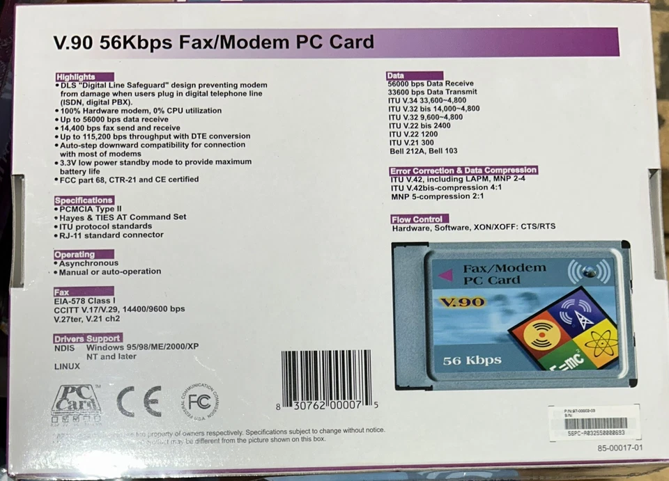 NEW Sealed Box 56Kbps V.90 PC Fax Modem PC Card - Free Shipping - Image 2 of 4