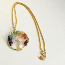 VINTAGE GOLD TONE GEMSTONE CHIP RAINBOW TONES TREE OF LIFE PENDANT 18" NICE