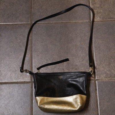 Fossil Stanley 1954 Black & Gold Leather Elegant Crossbody Clutch Bag