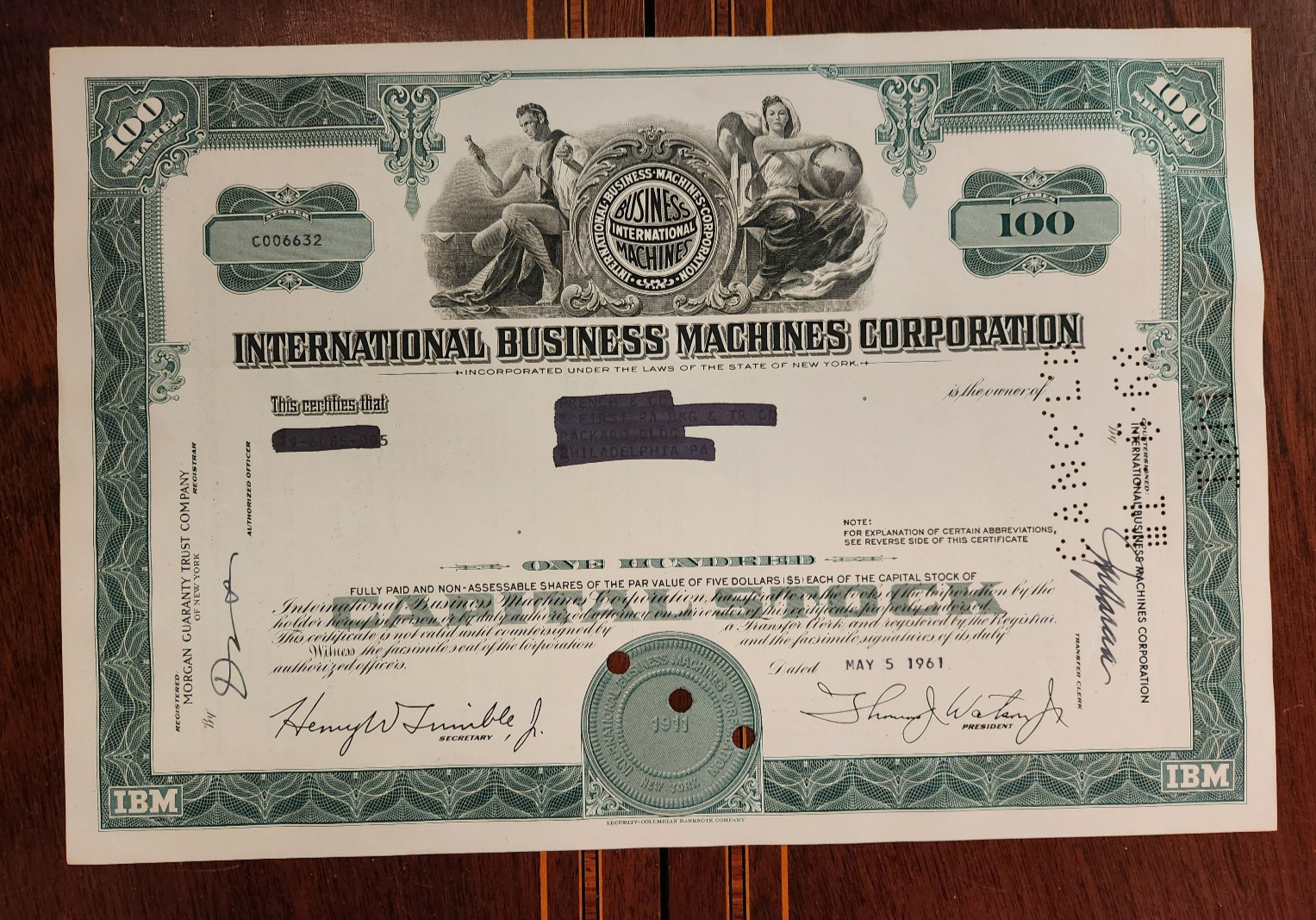 Ibm Stock Certificate 1961 Old Style Green Nice Vignette 100 Shares Cancelled