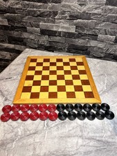 Vintage - Wooden Homas Spelen Chess/Checkers Board - With Checkers/Draughts 