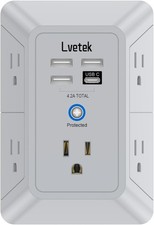 Wall-Mounted Outlet Extender: 5 Plugs  4 USB Ports with 1680J Safety Rating