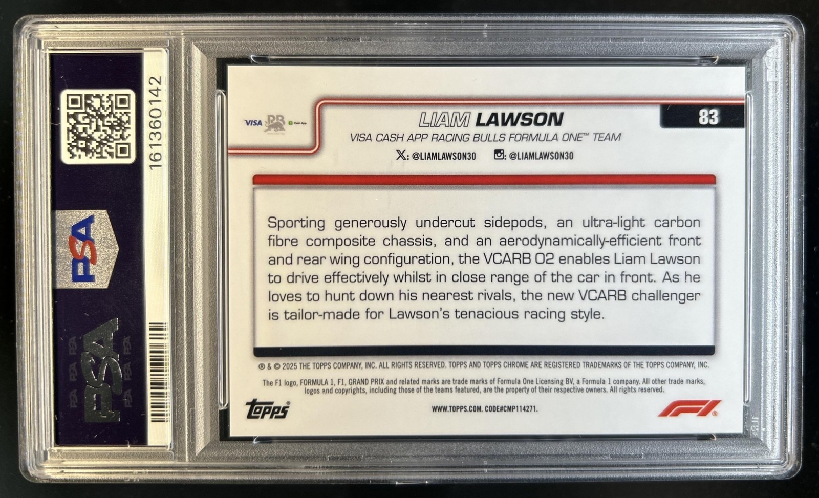 2025 Topps Chrome F1 Liam Lawson Gold Refractor F1 Car RC #/50 PSA 9 view 2