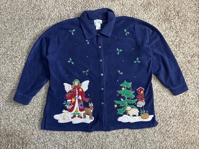 Vintage Christmas Holiday Angel Fleece Button Up Long Sleeve 2X Women s Shirt