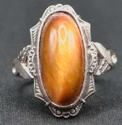 Tiger's Eye Ring Sterling Silver Size 7.25 18x9mm Oval C&C Bezel Brown Gold