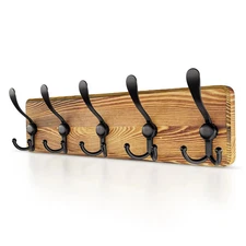 Rustic Coat Rack Wall Mount – Solid Pine Wood Wall Coat Rack with 5 Triple Ho...