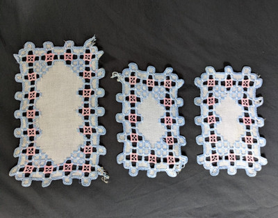 Vtg Handmade Embroidered Doily Set of 3 Rectangle Blue and Pink on White Linen
