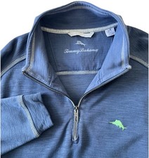 Tommy Bahama Sweater Mens L Blue 1/4 Zip Mock Neck Pullover Pima Cotton Marlin
