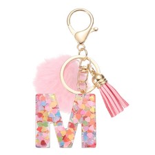 Alphabet Initial Letter m Keychain, Cute Tassel Fur Ball Pom Key Chain, Pink