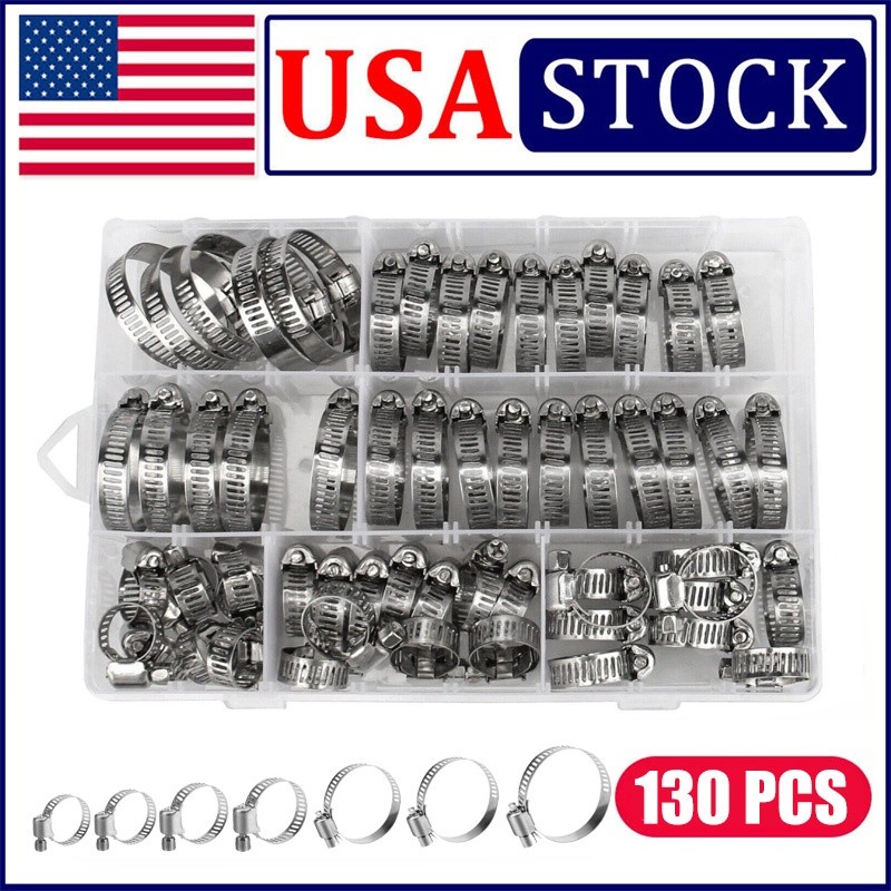 130x Adjustable Hose Clamps 7 Sizes Worm Gear Stainless Steel Clamp Assortment