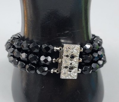 Vintage French Jet Beaded Multistrand Bracelet Crystal Clasp 1930s Size 7.5