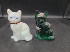 Vintage Fenton Opalescent Cat Figurine w/ruby Necklace, Green Painted Cat. MG