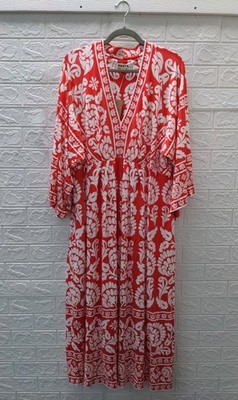New Boden Nell Kimono Midi Jersey Dress Bright Cherry Ornate Floret Sz 20-22R